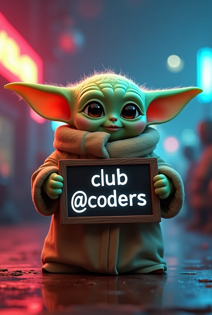 Baby Yoda, holding a sign that says "Club @coders", detailed facial features, toon,  8k, high resolution, best quality, masterpiece, ultra-detailed, cinematic lighting, dramatic pose, powerful, dynamic, vibrant colors, digital art