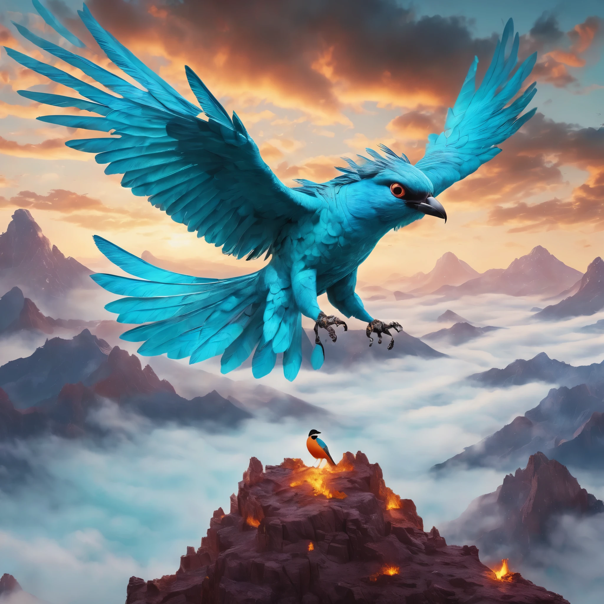 、A bird made of sky blue to turquoise gemstones.  Flying in a race against high clouds、 There is no one、masterpiece, 8k, Perfect quality , Realistic,Ultra-crisp details , Detailed Background   