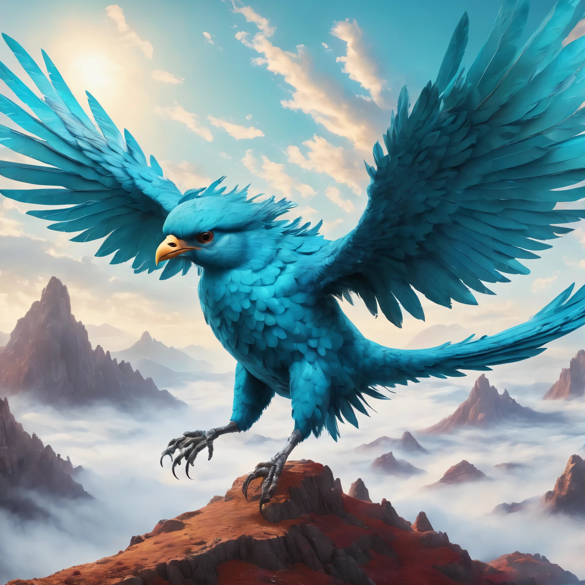 、A bird made of sky blue to turquoise gemstones.  Flying in a race against high clouds、 There is no one、masterpiece, 8k, Perfect quality , Realistic,Ultra-crisp details , Detailed Background   