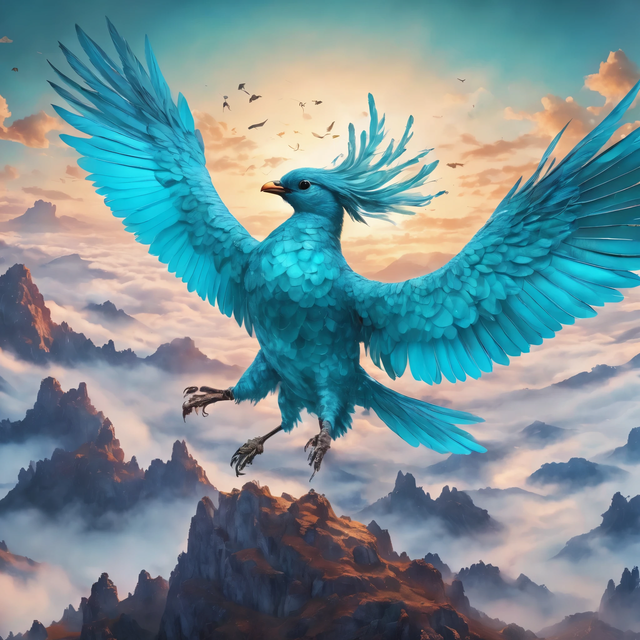 、A bird made of sky blue to turquoise gemstones.  Flying in a race against high clouds、 There is no one、masterpiece, 8k, Perfect quality , Realistic,Ultra-crisp details , Detailed Background   