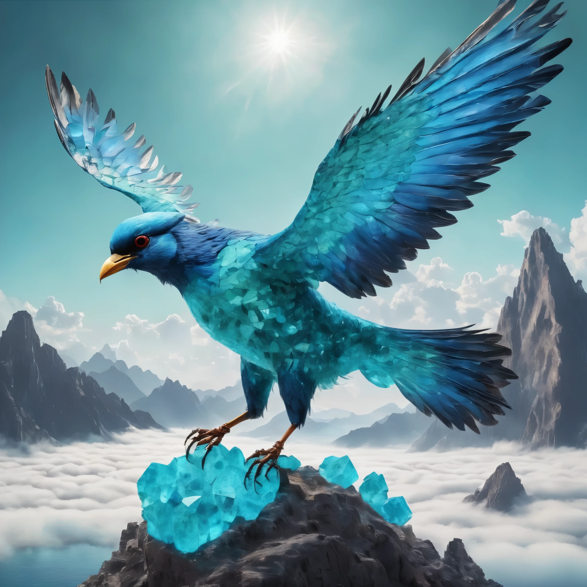 、A bird made of sky blue to turquoise gemstones.  Flying in a race against high clouds、 There is no one、masterpiece, 8k, Perfect quality , Realistic,Ultra-crisp details , Detailed Background   