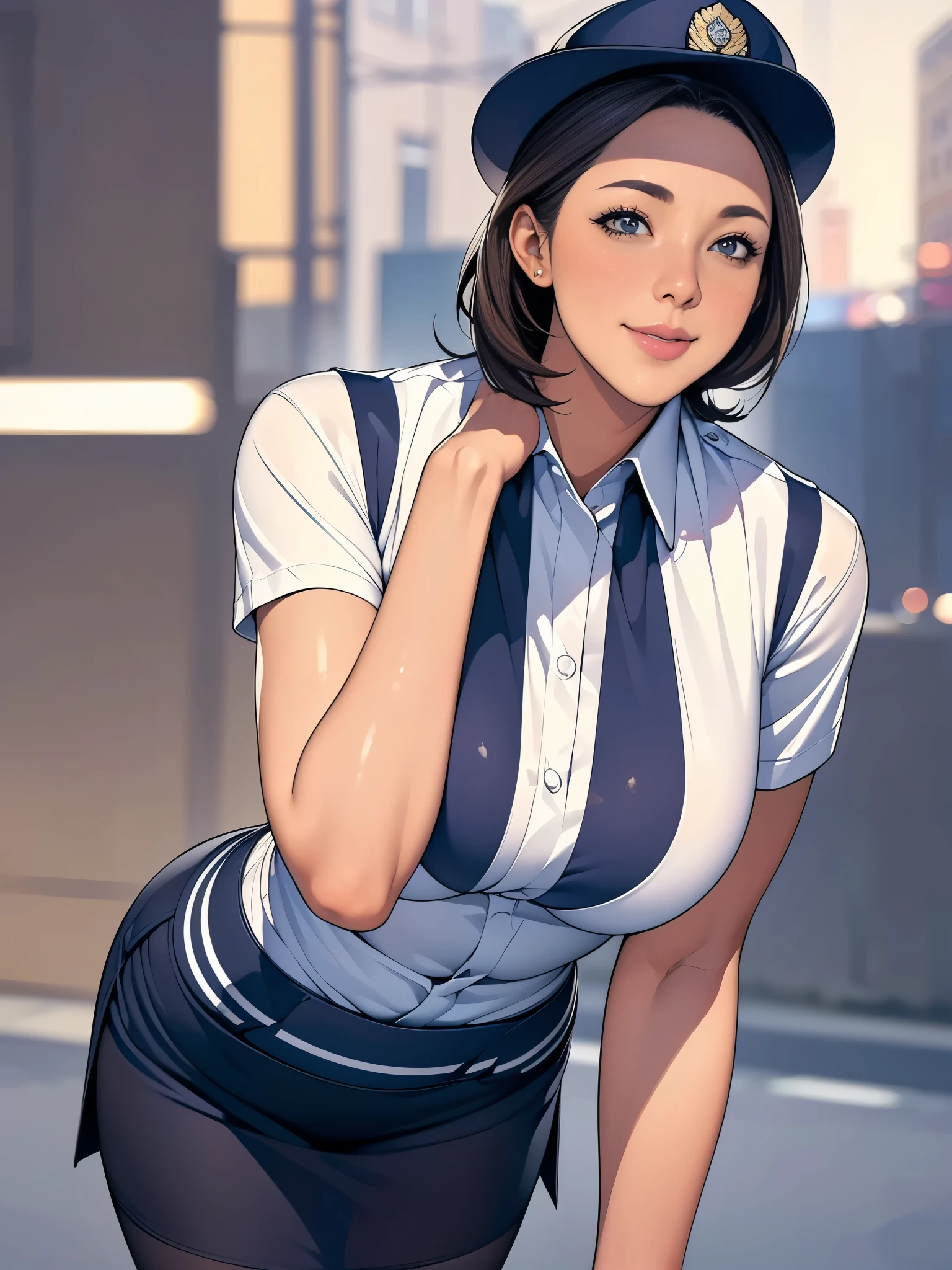Armpit Show,Sleeveless,(masterpiece:1.2, Highest quality), (Realistic, photoRealistic:1.4),Beautiful illustrations,(Natural Side Lighting, Cinema Lighting),1 female,Japanese,Mature Woman,Female police officer on patrol,4,Perfect Face, Symmetrical face, Glowing Skin,Random Hairstyles,Big eyes,Sexy Eyes,(smile),(whole body),break((Police Officer Shirt)),((A tight mini skirt made from very thin fabric)),(Police hat),(Police Pantyhose),(The background is a street corner:1.5),(((Background Blur:1.5))),((Police uniform)),break(((front:1.5))),(((Leaning forward))),((Beautiful hand-drawn))