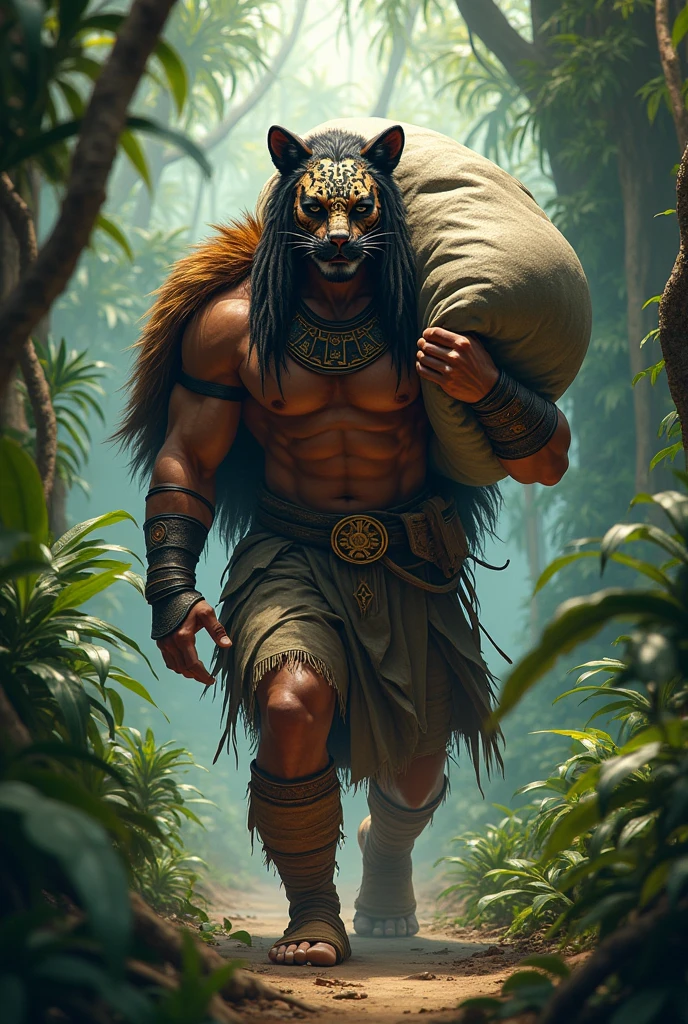 Aztec jaguar animal warrior carrying a sack of cement on his shoulder in the jungle 
