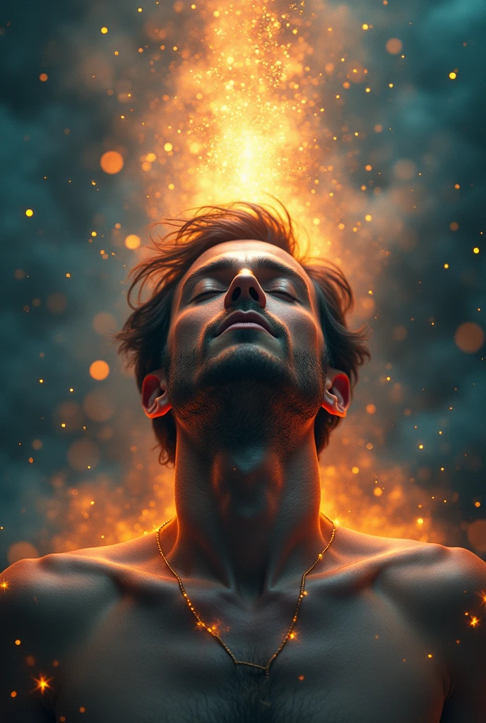 a man in a state of flow meditating, highly detailed portrait, dramatic lighting, cinematic composition, digital art, concept art, photorealistic, 8k, best quality, masterpiece, hyper-detailed, intricate details, beautiful face and eyes, serene expression, glowing aura, levitating, surrounded by energy field, abstract background, vibrant colors, complementary color palette, dramatic shadows and highlights, volumetric lighting, ethereal atmosphere