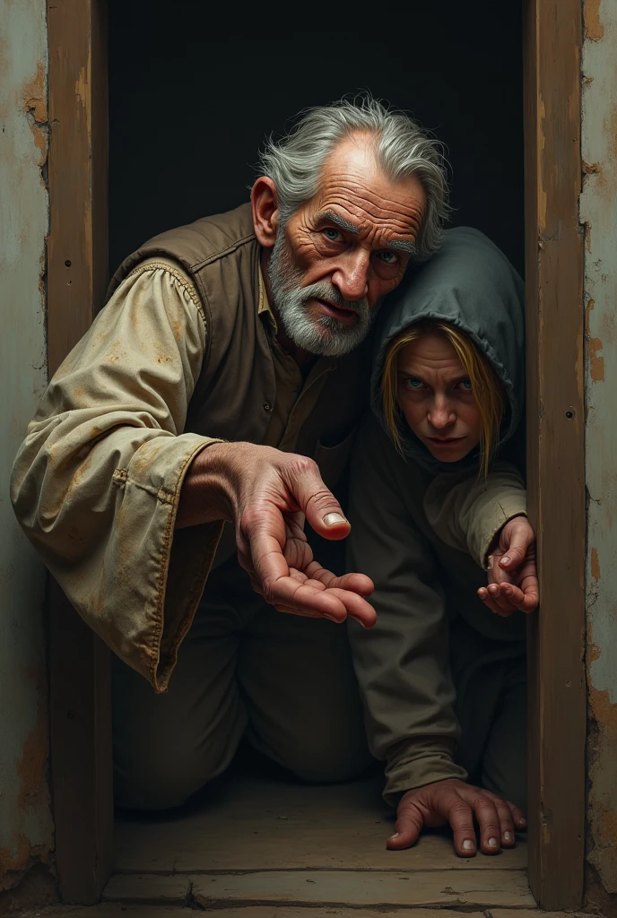 An old man with dirty and torn clothes begging for food in a house and having a person by his side