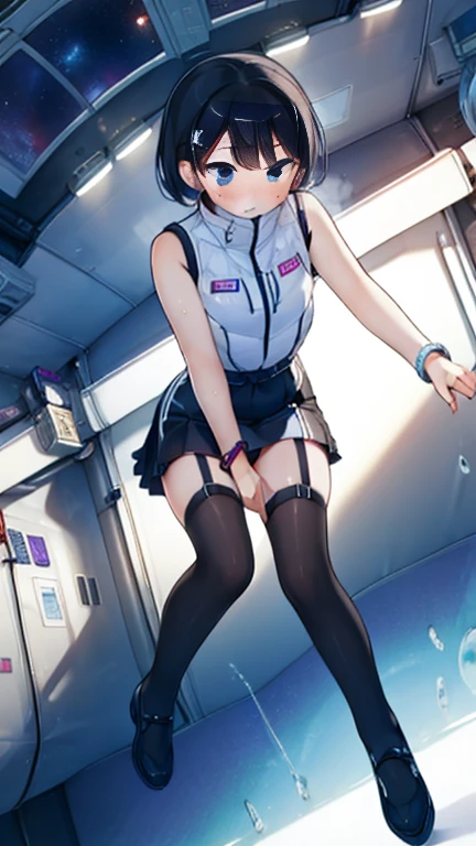 (Highest quality), (masterpiece), 1080P, High resolution, 4K, 8k, Inside the space station、Futuristic room、Thigh straps, Shooting from directly below, The woman on top of me, 白いSweat, Covered , Sweat, Woman looking down, Skirt swimsuit, Thigh-high socks, To achieve this, , , whole body, Black leather shoes, Braided hair, Inner Color, Embarrassed face, Short black hair, bracelet, Bedroom,celestial body_Vest
