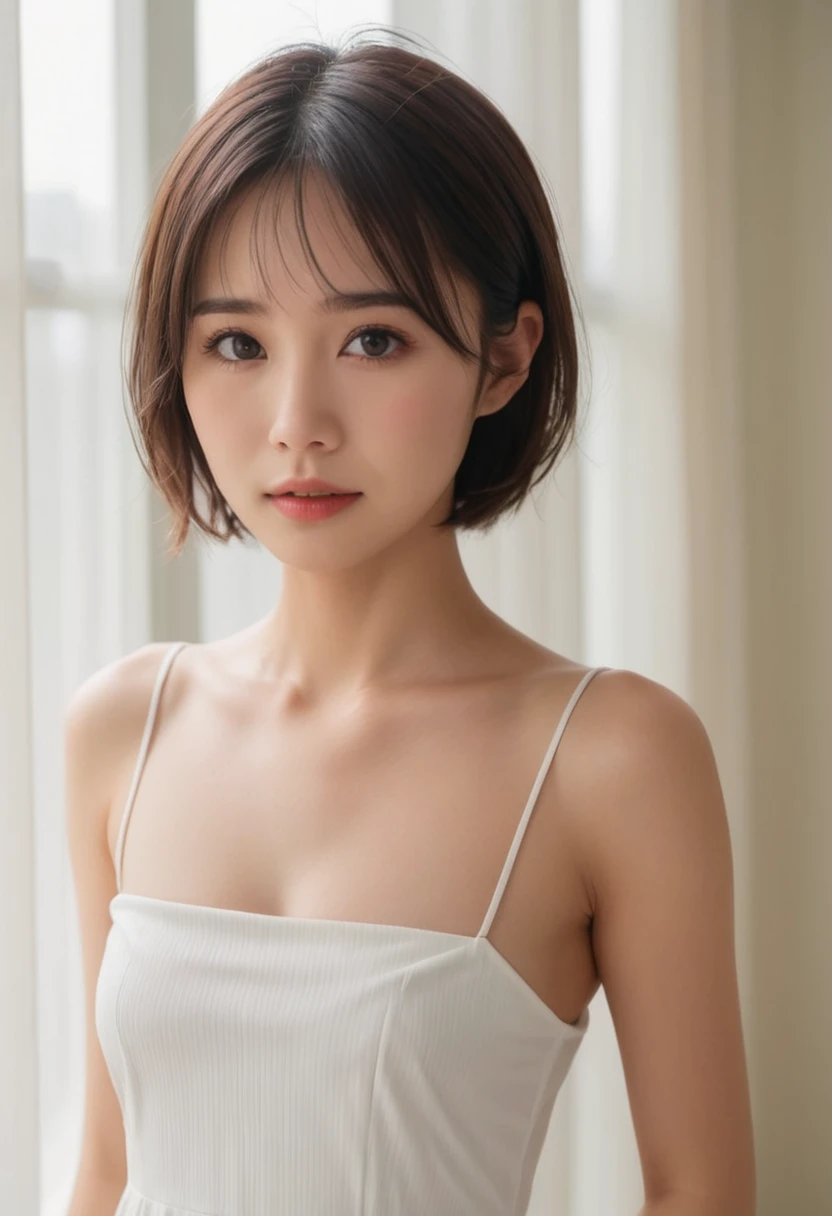 japanese woman, (close-up:2), standing, (natural lighting), short hair, (small face, shay), forehead, (dark brown eyes), (downward slanting eyes), pouty, (white dress),(dynamic posing), (see-through curtain, bright room)