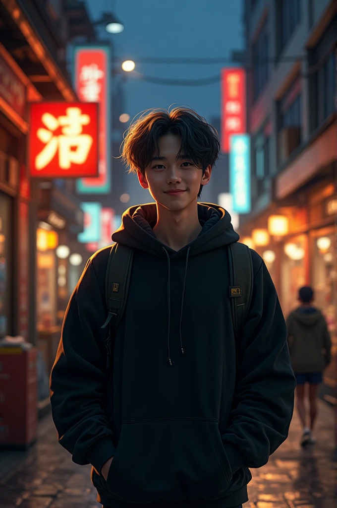 Stray kids' Lee know on a restaurant path at night on the streets smiling and wearing a black hoodie