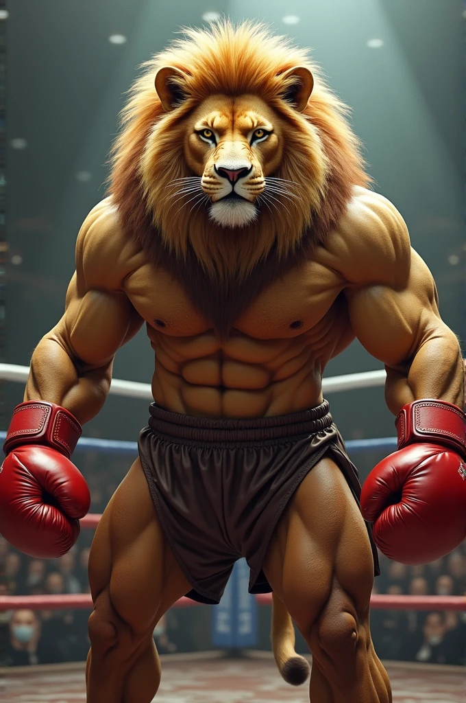 Lion with a pumped-up human body in the ring like boxing gloves. In the hands 