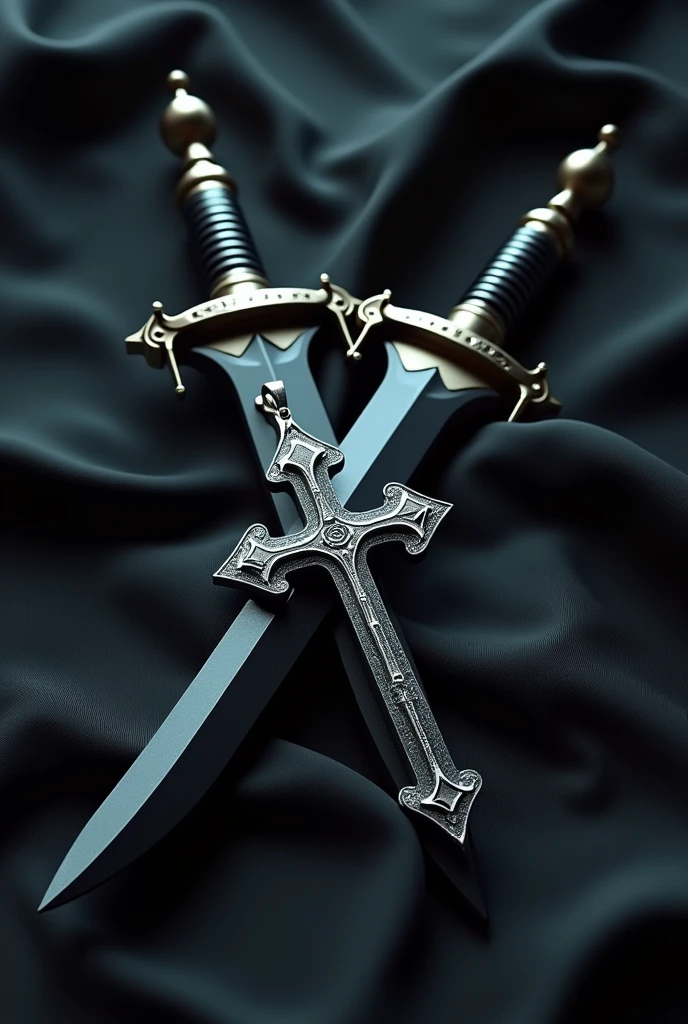 Un pendentif de croix en argent pausé sur Deux grandes dagues avec des lames courbes en cristaux noirs transparents, laid out on a black sheet.
Everything in an unorganized way as if it had been thrown away just like that.