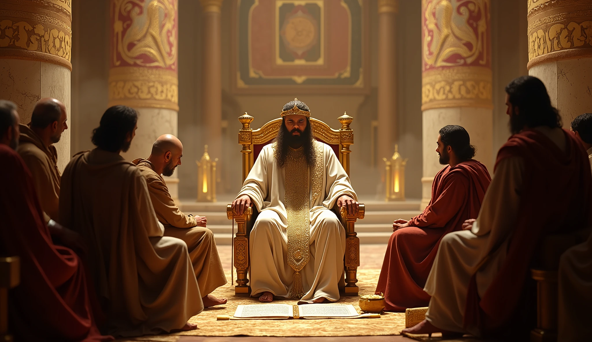 Create a hyper-realistic and mysterious image of Solomon in a grand setting, surrounded by counselors and scribes dressed in typical biblical costumes, like long tunics and linen cloaks in subtle tones. Solomon sits on a golden throne, with scrolls and treasures around him, symbolizing his immense wisdom and wealth. The scene should show an imposing palace, with marble columns and detailed tapestries, all illuminated by a soft golden light that creates an enigmatic and solemn atmosphere. Solomon&#39;s expression must reflect deep discernment, as he shares his insights into true prosperity with those around him.