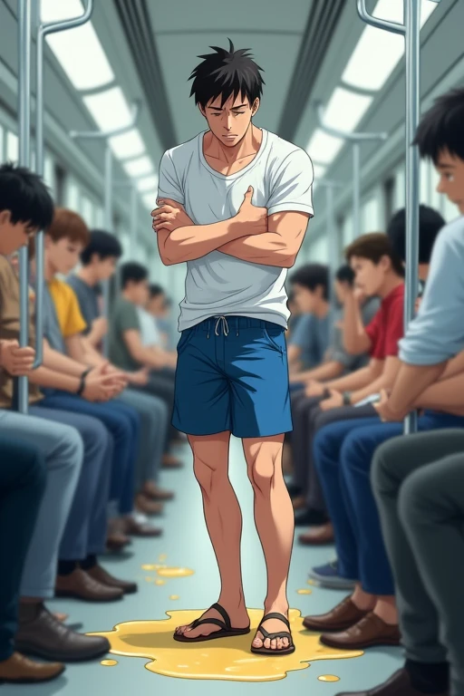 In the morning train, A slender and mascular young man in his blue short suits pants is pissing himself. White short sleeve shirt. He is desperate for pee. His is very eager to urinate. He is holding his crotch to stop his urinate. There's a urinate stain on the centre of his pants. His pee is dripping down from his pants. There's a Pee puddle at his feet. He could not hold pee. He looks embarrassed. Anime.