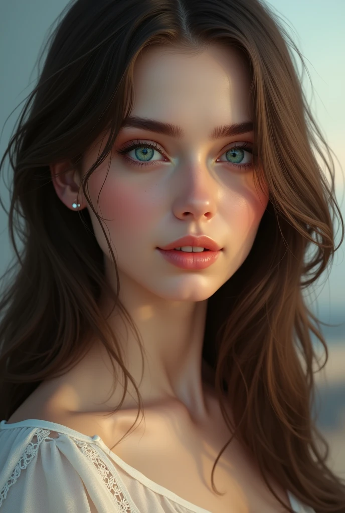 A brunette woman with blue eyes 