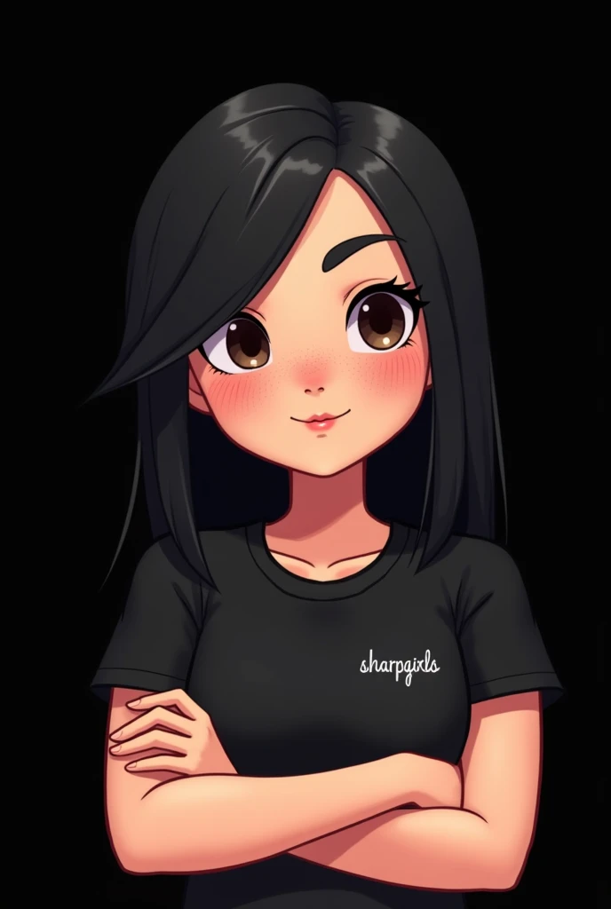 Cute female avatar,  with black hair, slickedback hair, freckles on the face, plain black sleeve t-shirt, and the name SHARP GIRLS in small on the side of the shirt on the chest, brown mouth, Crossed arms, avatar, black backdrop