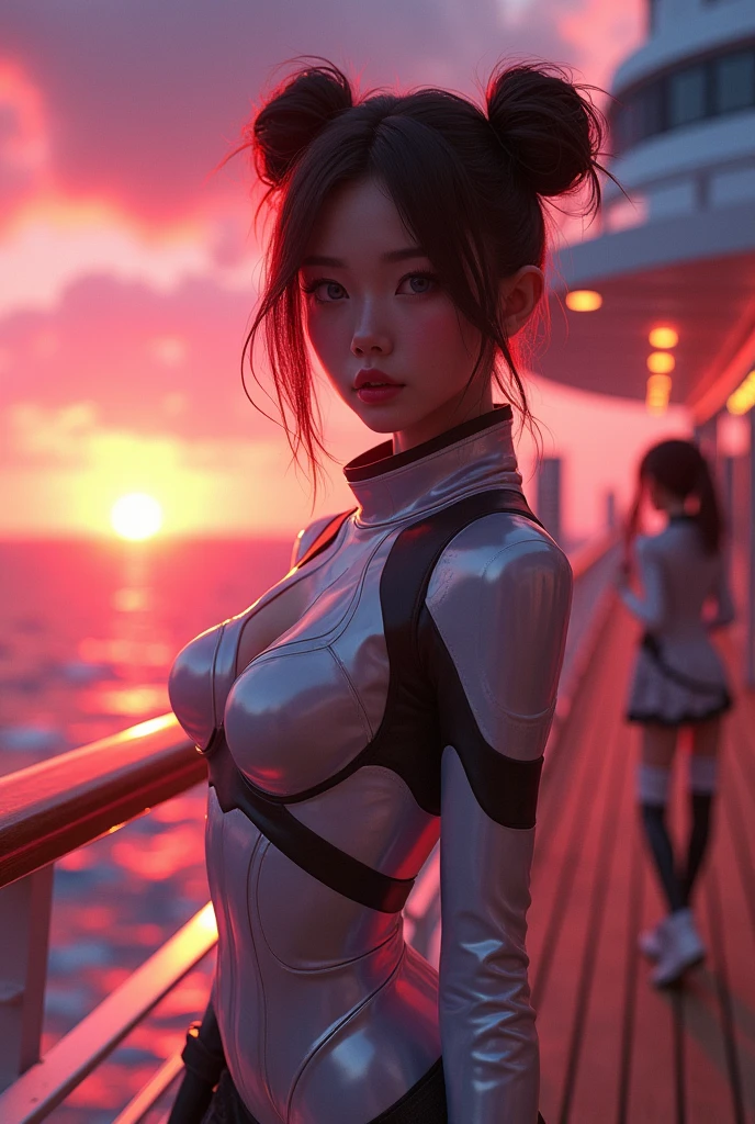 Dressed in a futuristic Mr. Hirai costume on the deck of a luxury cruise ship、Two buns and chestnut hair color、A girl with clear pink eyes in the background、A place where the real and virtual worlds merge、Vivid sunsets and digital skies abound。Overall atmosphere: neon red