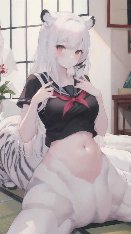 (best quality, masterpiece), 1 girl, centaur, I beg, White skin, Japanese schoolgirl,daughter,black pink, exposing the abdomen, belly button t-shirt , beautiful girl perfect, White tiger photo, 완벽한 White tiger photo
