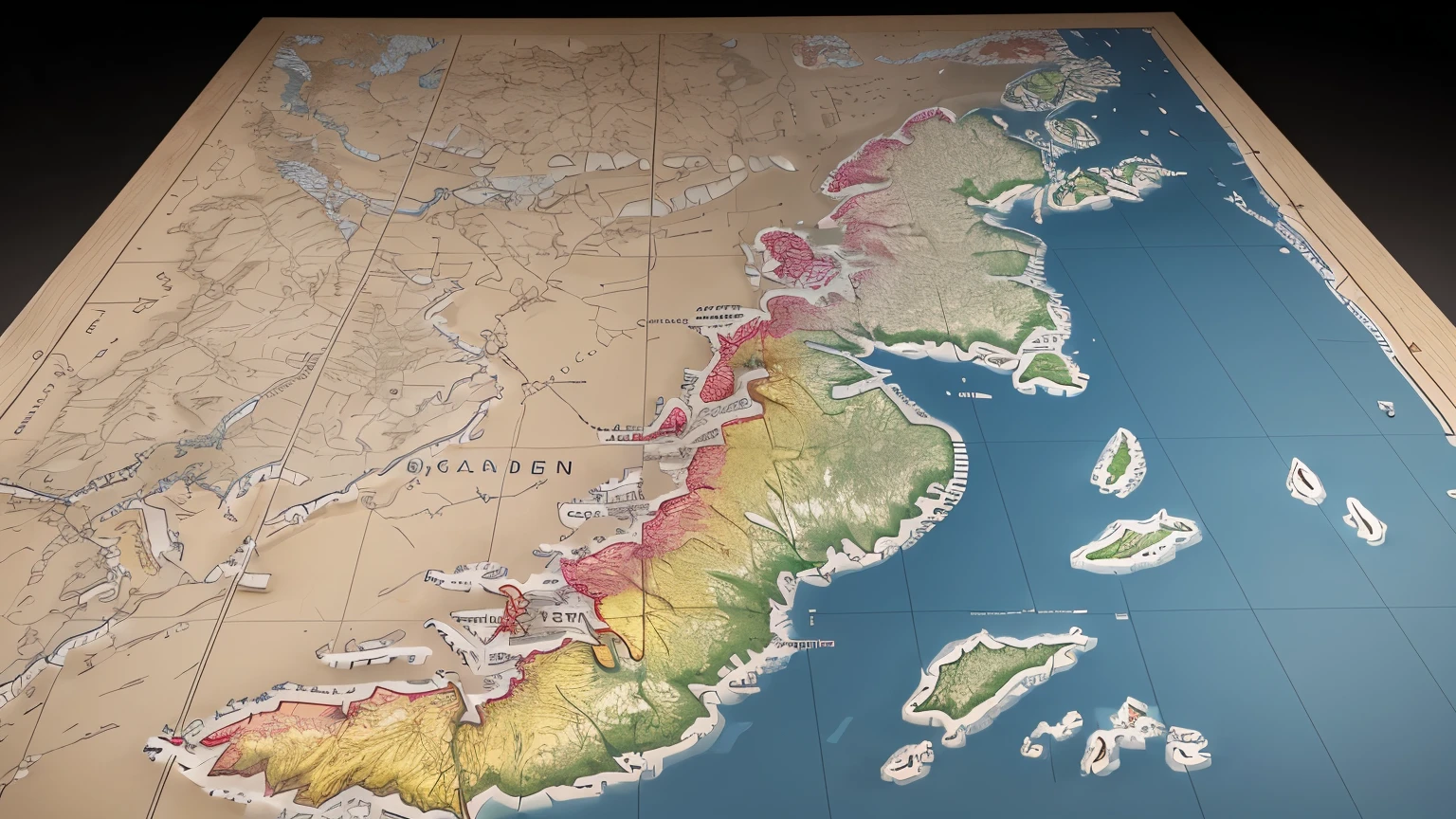 Create a 3D map of the United Kingdom as the central focus. The map should be rendered with a dramatic, impactful design, using the colors of the UK flag—red, white, and blue. The background should be dark and textured to contrast with the vibrant map, highlighting the contours and edges. The lighting should emphasize depth, with soft shadows and glowing highlights to enhance the 3D effect. The overall atmosphere should be bold and powerful, with a sense of grandeur and significance.