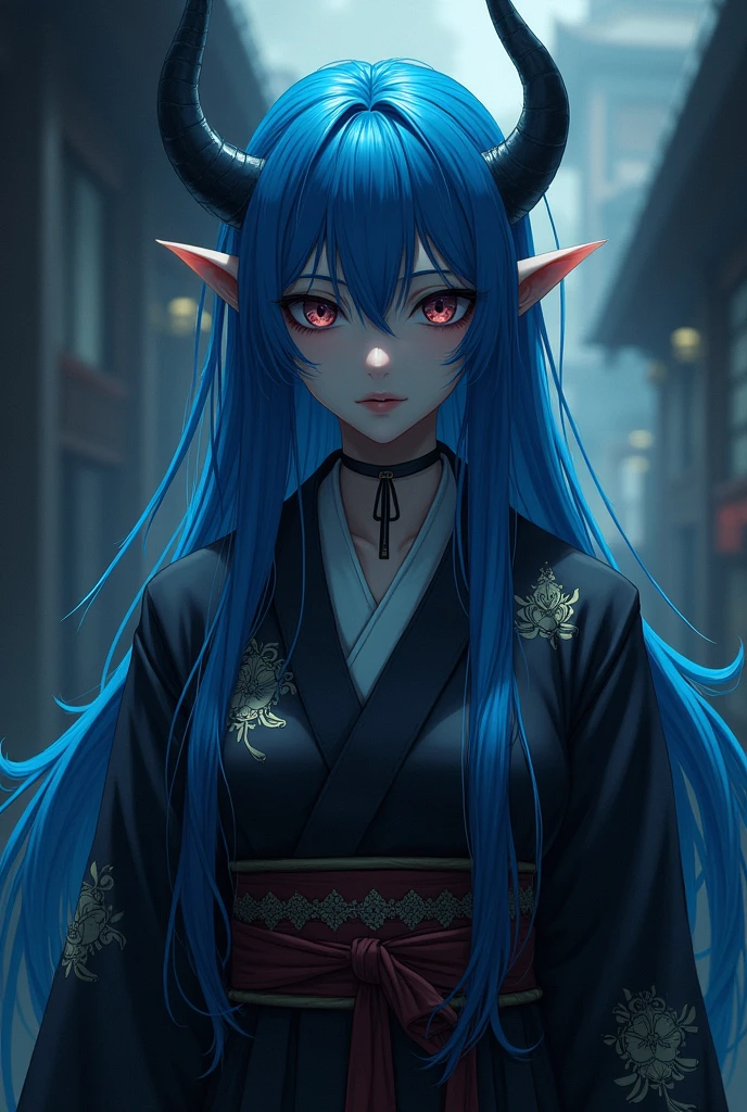 Long blue hair anime demon wearing a haori