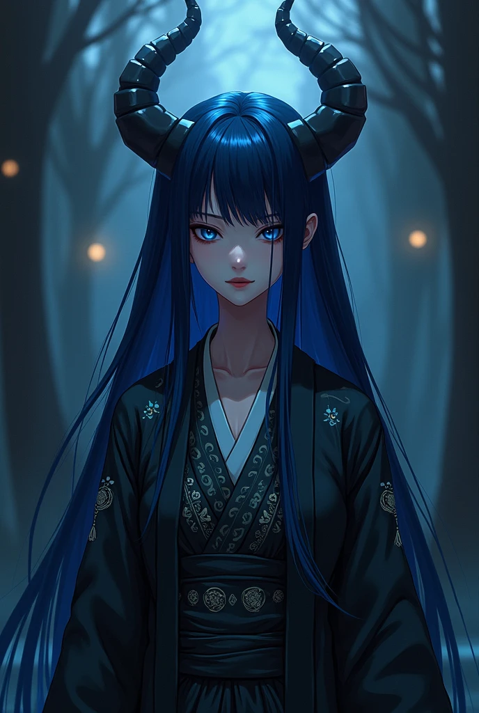 Long blue hair anime demon wearing a haori