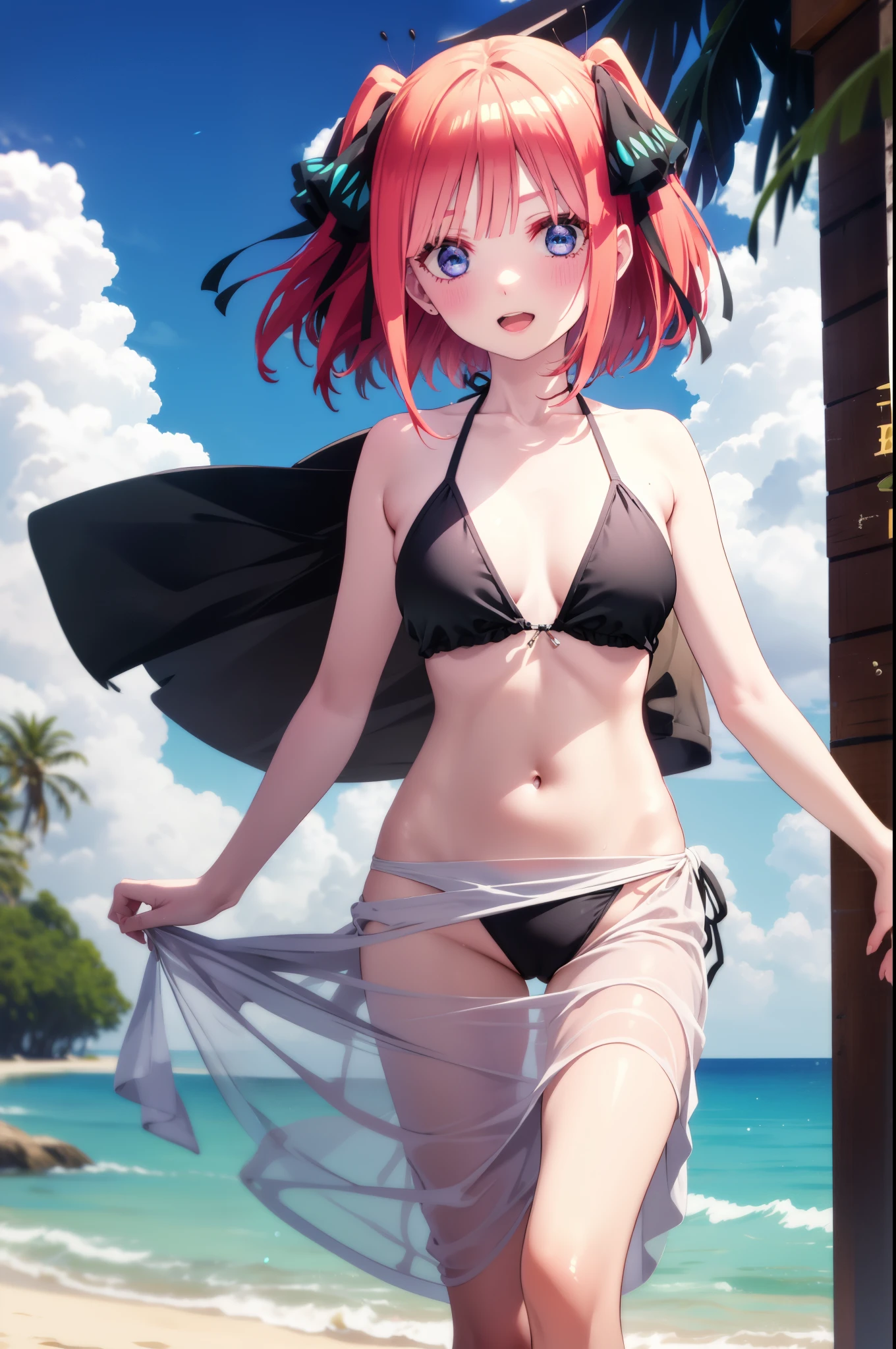 4k, clear art, masterpiece, crunchy, Best Quality, 1 girl,1 girl, Red hair, short hair, blue eyes, hair band, sleeveless, view from between legs, looking at the viewer, Mar, arena, tropical island background, totally naked, pubic fleece, little muscle, without any clothes, without underwear