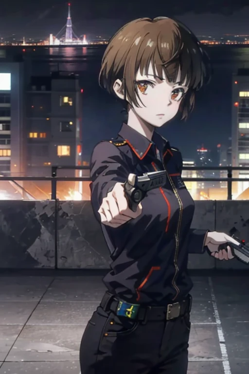 1adult woman,AkaneTsunemori, ((aiming with handgun pointing with gun at viewer)), police suite,city at night,