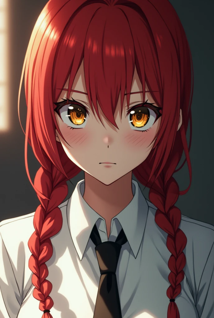 A beautifully detailed, photorealistic 8K masterpiece portrait of Makima from Chainsaw Man, red hair with a single long braid, bangs, and piercing yellow and golden ringed eyes. She wears a white shirt and necktie, with intricate skin texture and pores. The image is shot with cinematic lighting, sharp focus, and a subtle bokeh effect, creating a captivating and visually stunning artwork.
