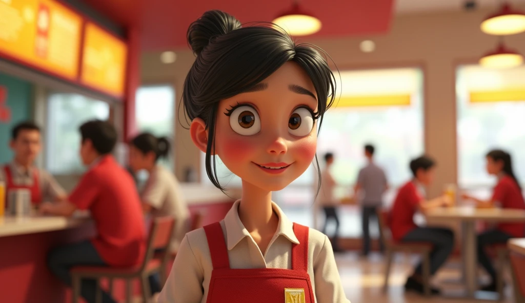 Im Stil von Pixar 3D-Animations-Filmen. 30-year-old woman, small, black hair, Restaurant-Managerin bei Mc Donalds.

