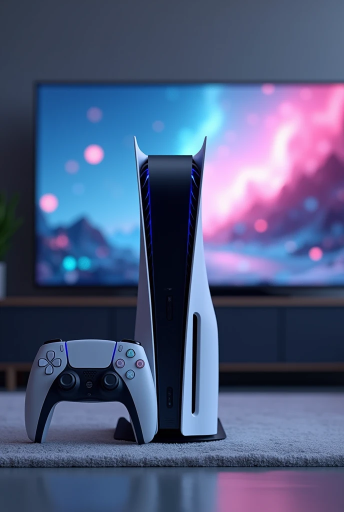 A real image of a ps5 and a 70 inch 4k tv