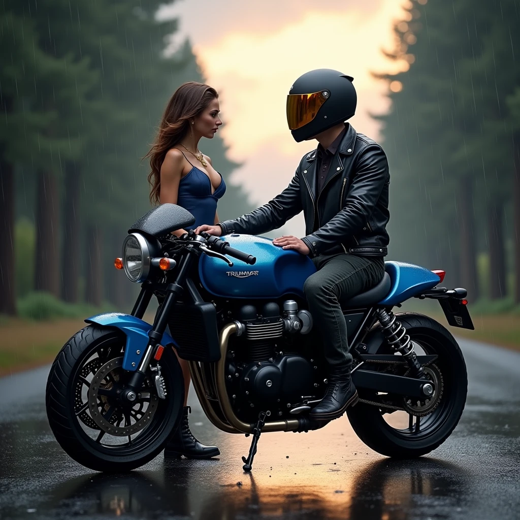 creates a high quality 8K image, photo realistic, a motorcycle, vu trois quart de type roadster, Triumph Rocket 3 R brand in blue color placed on its stand, biker man sitting on saddle matte black helmet with gold iridium visor, dressed in thick worn black jeans with motorcycle boots, black leather jacket closed hands on the tank, softly tinted by the reflections of the rising sun, temps humide, raining, she is on a dark road, surrounded by large sequoia trees, Le ciel est illuminée par un doux rayon de soleil, with some scattered clouds, avec un second personnage femme 30 ans Shelley Hennig nette, slender and athletic silhouette, wet from the rain, positioned on the left side of the motorcycle, yeux bleu perçant, teasing, tanned skin, long wavy brown hair with a strand falling slightly over the face, tombent librement autour du coup, with long blue cocktail dress open on the thighs, grand décolleté en v laissant apparaitre ses seins , black doc martens style boots, with right hand placed on shoulder of seated biker , left hand on hip, a fine gold necklace with a long pendant