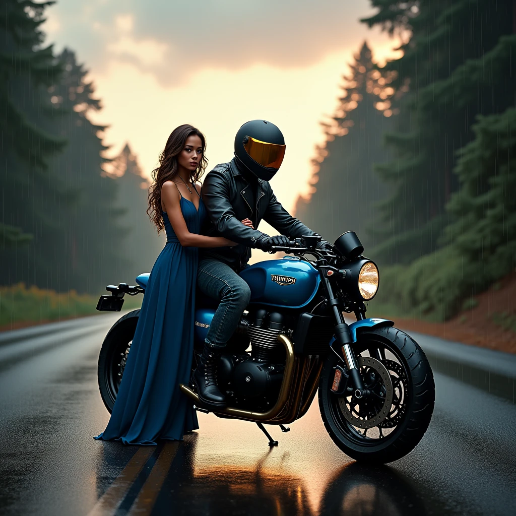 creates a high quality 8K image, photo realistic, a motorcycle, vu trois quart de type roadster, Triumph Rocket 3 R brand in blue color placed on its stand, biker man sitting on saddle matte black helmet with gold iridium visor, dressed in thick worn black jeans with motorcycle boots, black leather jacket closed hands on the tank, softly tinted by the reflections of the rising sun, temps humide, raining, she is on a dark road, surrounded by large sequoia trees, Le ciel est illuminée par un doux rayon de soleil, with some scattered clouds, avec un second personnage femme 30 ans Shelley Hennig nette, slender and athletic silhouette, wet from the rain, positioned on the left side of the motorcycle, yeux bleu perçant, teasing, tanned skin, long wavy brown hair with a strand falling slightly over the face, tombent librement autour du coup, with long blue cocktail dress open on the thighs, grand décolleté en v laissant apparaitre ses seins , black doc martens style boots, with right hand placed on shoulder of seated biker , left hand on hip, a fine gold necklace with a long pendant