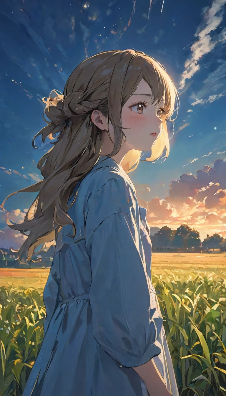 UHigh resolution, retina, masterpiece, Accurate, Anatomically correct, Textured skin, Very detailed, Attention to detail, high quality, 最high quality, High resolution, 1080P, High resolution, 4K, 8k, 16K, Long Shot、Tabletop、alone、One Girl、cute、evening、Looking up at the sky、evening:1.5、Orange cumulonimbus clouds、Farm roads in the countryside、One々Field、Full body angle、warm color