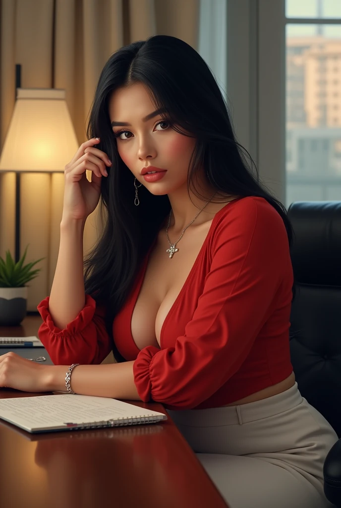 at office in background,looking at viewer,depth of field, bokeh,light falling,((MILF)) 1girl wearing an office outfit, red shirt, white skirt ,huge breasts, brown eyes,(long hair, black hair, very straight hair:1.4, hime cut:1.4), earrings necklace,pout, photography, masterpiece, best quality,HDR, highres,realistic details, glowing skin, mature figure, voluptuous body, voluptuous breasts, perfect body, wide hips, colorful, looking at viewer, Hyperrealistic, watercolor, traditional media, (chromatic aberration, intricate details), dynamic poses,dynamic angle, 40K, HDR, highres, side view, body aligned right to viewer, round ass, huge ass, head to knee image, face and body facing right, ass cheek visible, upper body leaning, leaning on table, upper body on table, nakde