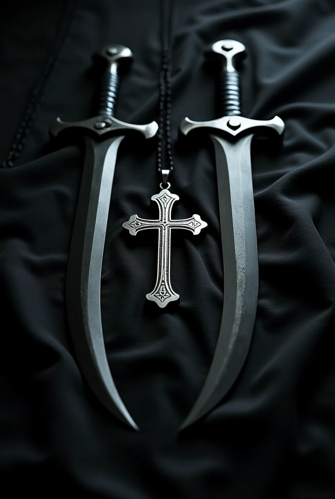 Un pendentif de croix en argent pausé sur Deux grandes dagues avec des lames courbes en cristaux noirs transparents, laid out on a black sheet.
Everything in an unorganized way as if it had been thrown away as is.