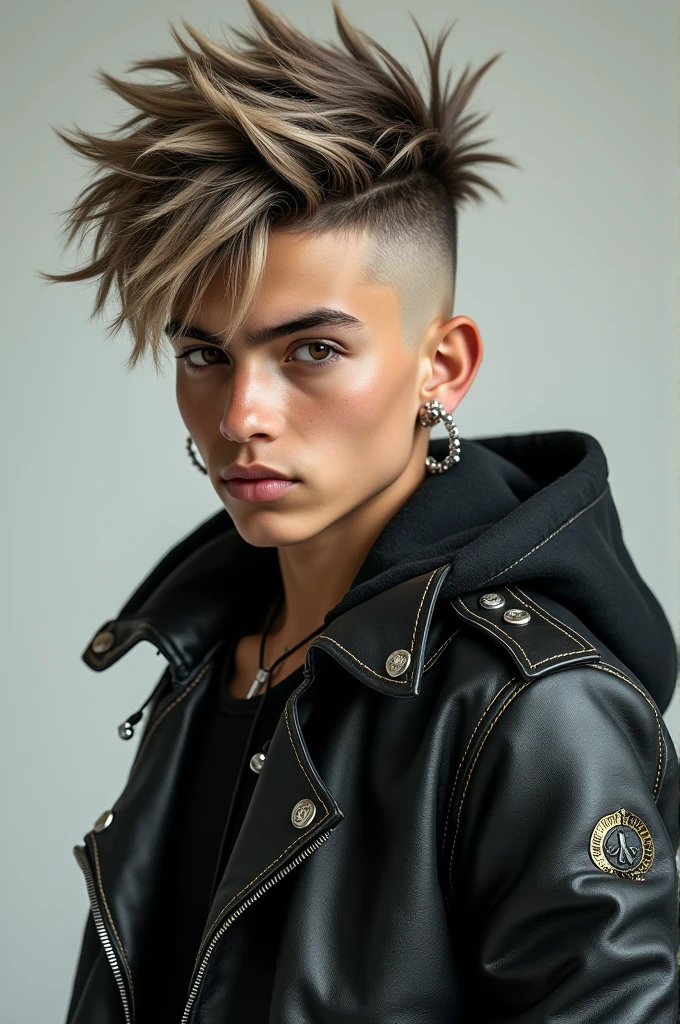 A white teenager with a wolf cut haircut, with a toned physique wearing a leather jacket. 