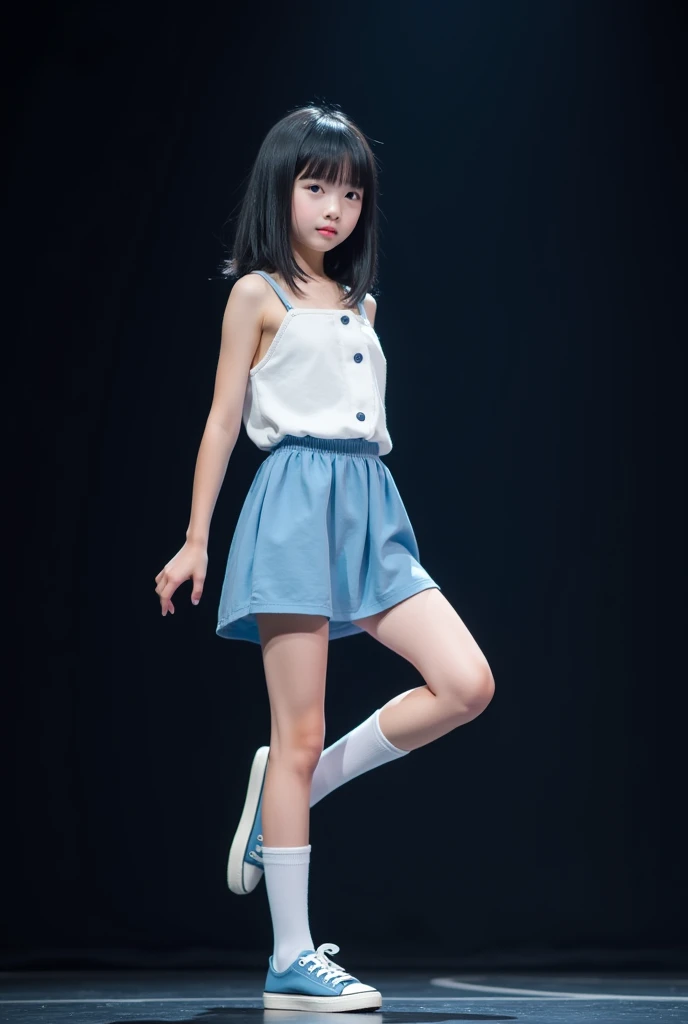 Long shot profile portrait photo of a beautiful cute girl, (front shot from below:1.2), NSFW:1.2, black medium straight hair, Japanese junior idol, neat and clean face, 50mm portrait, peformimg on single stage lighting, Top: white camisole, front button closure, light blue solid skirt, blue and white shoe, standing on stage, (leg up high:1.2), ((panty shot:1.2)), ((white cotton panties:1.3), (((shot focus on the crotch)), (girl is cheer-leader),