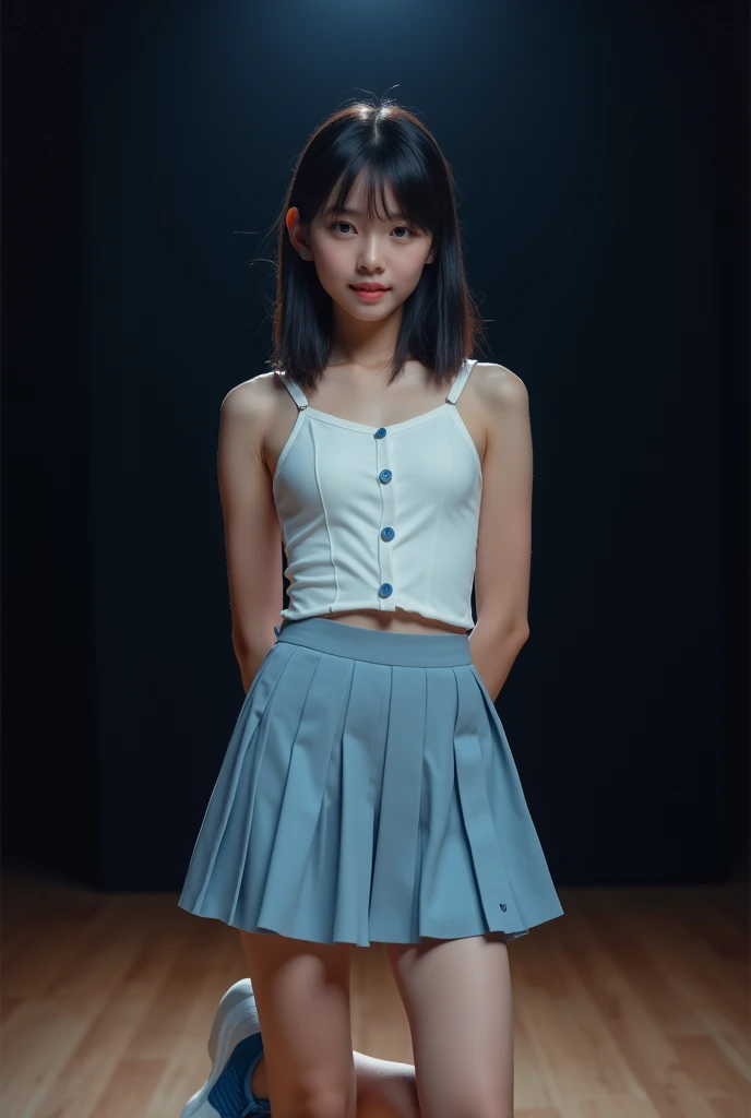 Long shot profile portrait photo of a beautiful cute girl, (front shot from below:1.2), NSFW:1.2, black medium straight hair, Japanese junior idol, neat and clean face, 50mm portrait, peformimg on single stage lighting, Top: white camisole, front button closure, light blue solid skirt, blue and white shoe, standing on stage, (leg up high:1.2), ((panty shot:1.2)), ((white cotton panties:1.3), (((shot focus on the crotch)), (girl is cheer-leader),