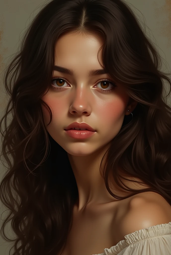 Woman with dark brown eyes with long curly dark brown hair with round face