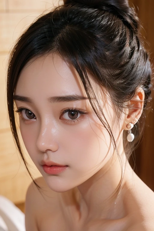(22 year old Japanese beautiful girl,Thin eyebrows), (Small breasts,:1.5,),(solo,Textured skin, Detailed skin,Detailed face,Detailed eyes,High detail, Highest quality, Super detailed, Surrealism, ,8k,RAW Photos,Photographicism,Professional Lighting Ray Tracing,Aperture F1.2,Portrait Photography),(((Black Hair, Natural Makeup,Earrings,Bun Hair, Waking up))),Morning light,(Big Ahoge,:1.5」