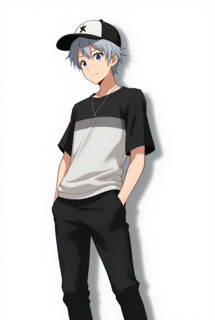 An anime man on a white background, slightly pale skin, short hat, gray hair, black and white shirt, black and white pants, HE HAS A SHORT BLACK AND WHITE HAT
