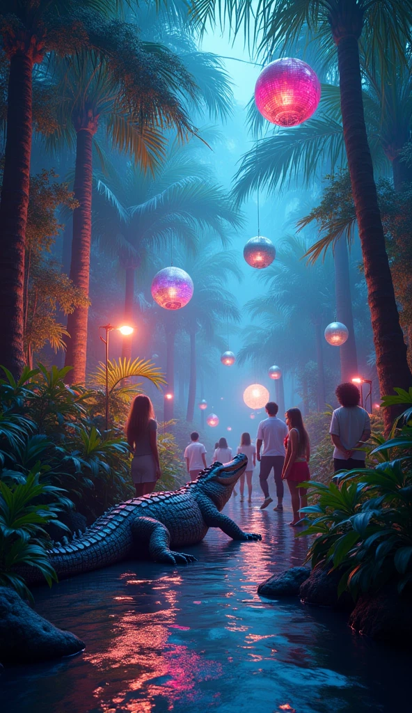 the environment club it's a jungle with disco balls and lights and a crocodile