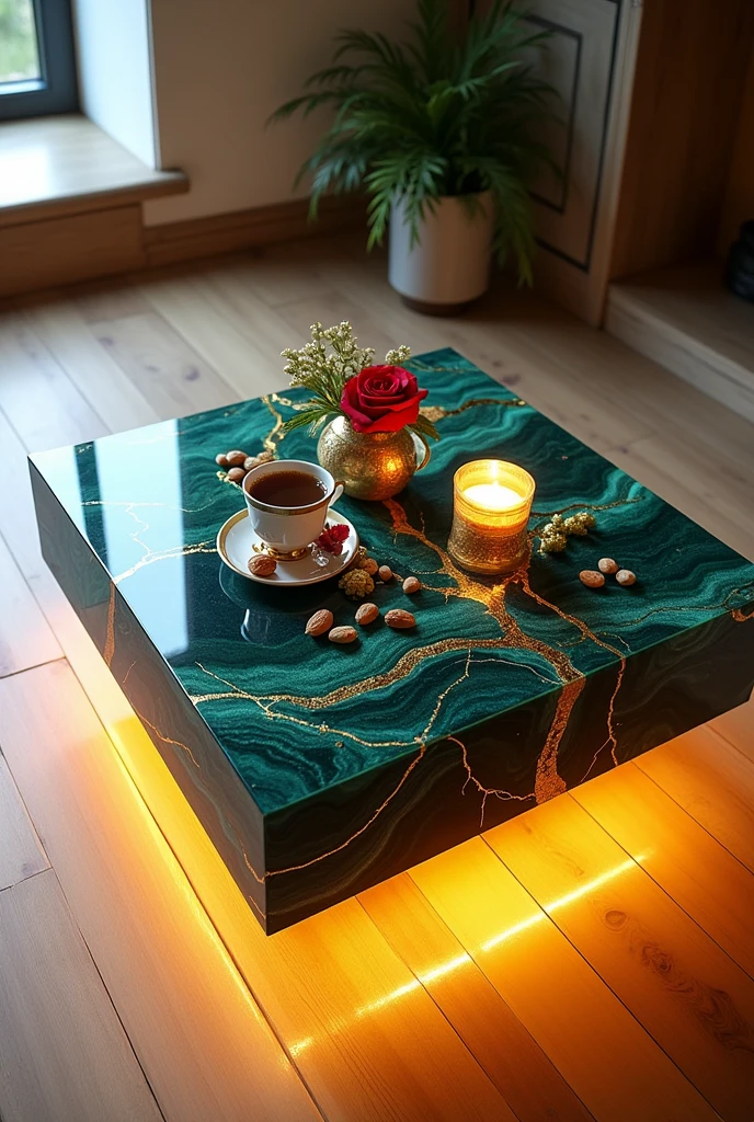 Small square table, perfect for serving coffee, handcrafted with a glass top that covers the entire table, adding a touch of transparency and elegance.. The table is covered with a layer of epoxy in shades of blue and dark green, interspersed with shiny gold stripes in the form of veins and intertwined lines exactly as in the picture, which gives a sense of luxury and distinction. LED lighting is installed under the table, emitting a warm yellow light that reflects onto the floor and adds a cozy and warm atmosphere to the room.. The sides are completely covered with epoxy with no visible gaps.. The table is decorated with simple decorations such as golden swags, small flowers, a cake, nuts, a red rose, and a tea cup.. The table is placed on a light-coloured wooden floor to enhance the contrast between the luxurious design and modern colours, making it a distinctive piece of art in any room or living room.