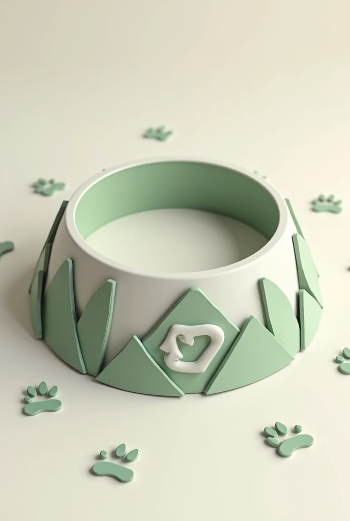 A stylized image of a circular dog bowl, made from geometric shapes that represent recycled materials (pieces of paper, plastic, etc.), with a small recycling symbol on the side. Around the plate you could include some dog footprints.