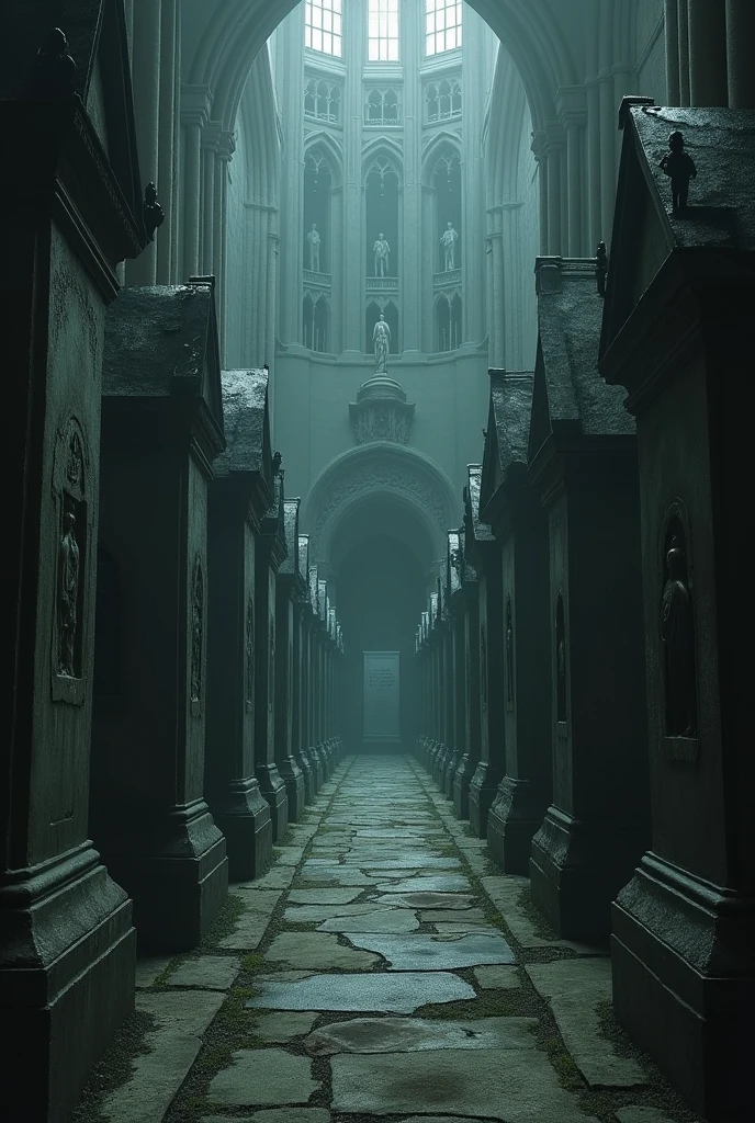 An image where the first thing you see is a tomb and is followed by a row of tombs with perspective, The further away it goes, the more it turns into a hallway of an old cathedral or church.
