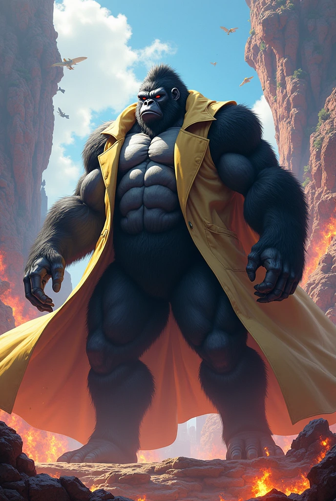 Creater Gorilla King mix Wearing a trench coat  in style dragonball
