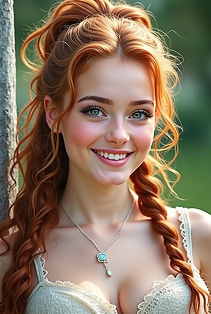 Beautiful ager, masterpiece, very cute, huge breasts, redhead, smile, wearing wool, perfect body, global light, ponytail, full body, blue eyes, natural skin texture, sharp focus, colors in harmony, natural lighting, 4 K, intricate details, ultraHD, slightly curly messy hair