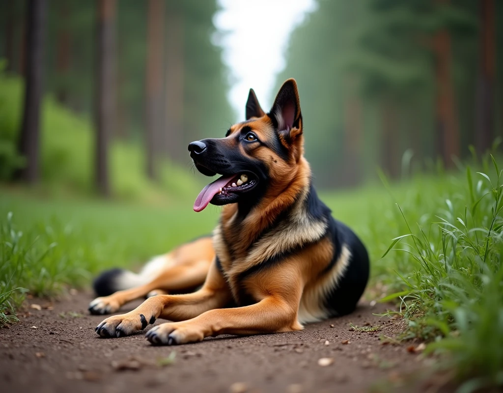 A Belgian Shepherd dog is lying down on the right side of the image, with its tongue out and looking up. The scene captures only the front half of the dog, focusing on its head and upper body. The dog is surrounded by lush greenery and plants, with a clear view of the natural environment on the left side, including a dirt trail and tall trees in the background. The photo is taken in a high-resolution DSLR style, using a wide-angle lens and an f/4 aperture, creating a soft blur effect in the background to emphasize the depth of the landscape.