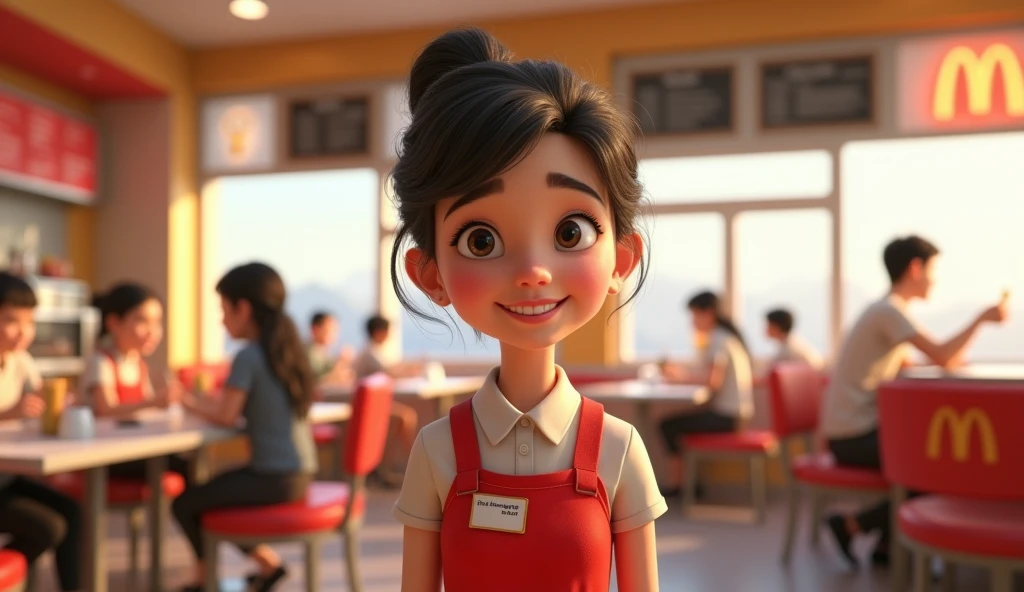 Im Stil von Pixar 3D-Animations-Filmen. 30-year-old woman, small, black hair, Restaurant-Managerin bei Mc Donalds.
