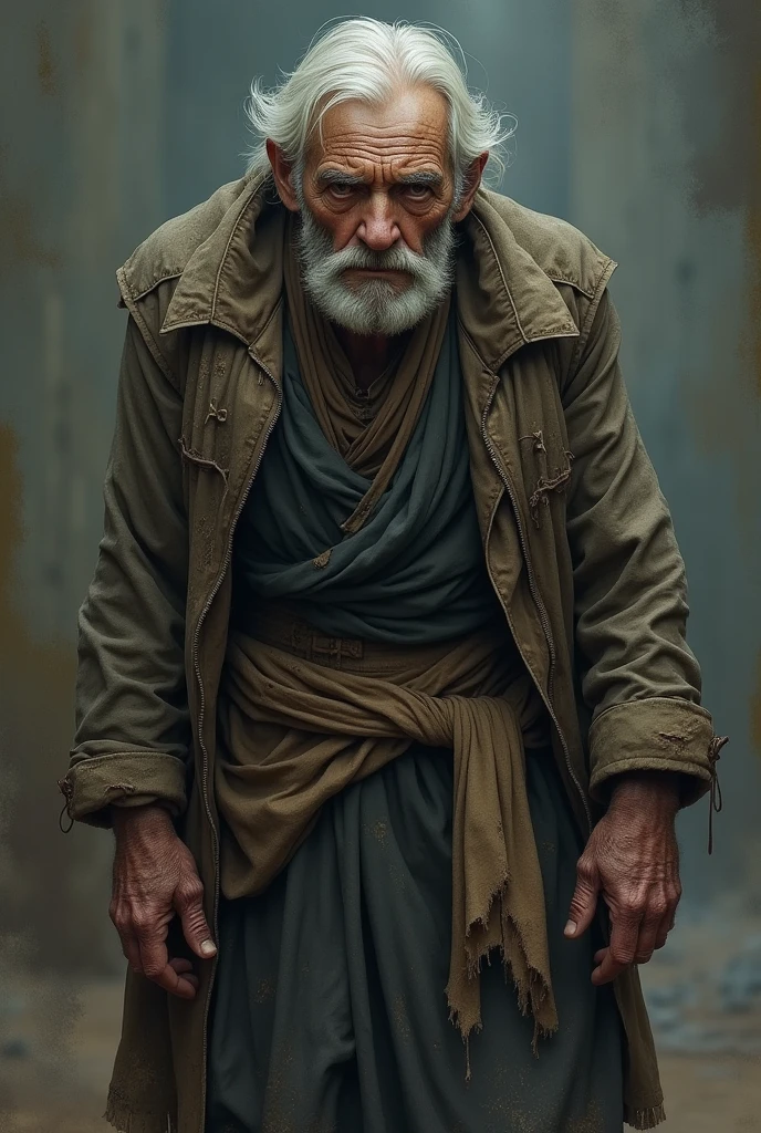 An old man with dirty and torn clothes, all sad