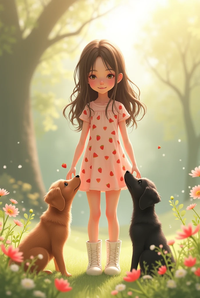 A teenager with somewhat long hair and a strawberry dress and white boots with her two small furry puppies, one brown and the other black with a flat snout and little paws too.
