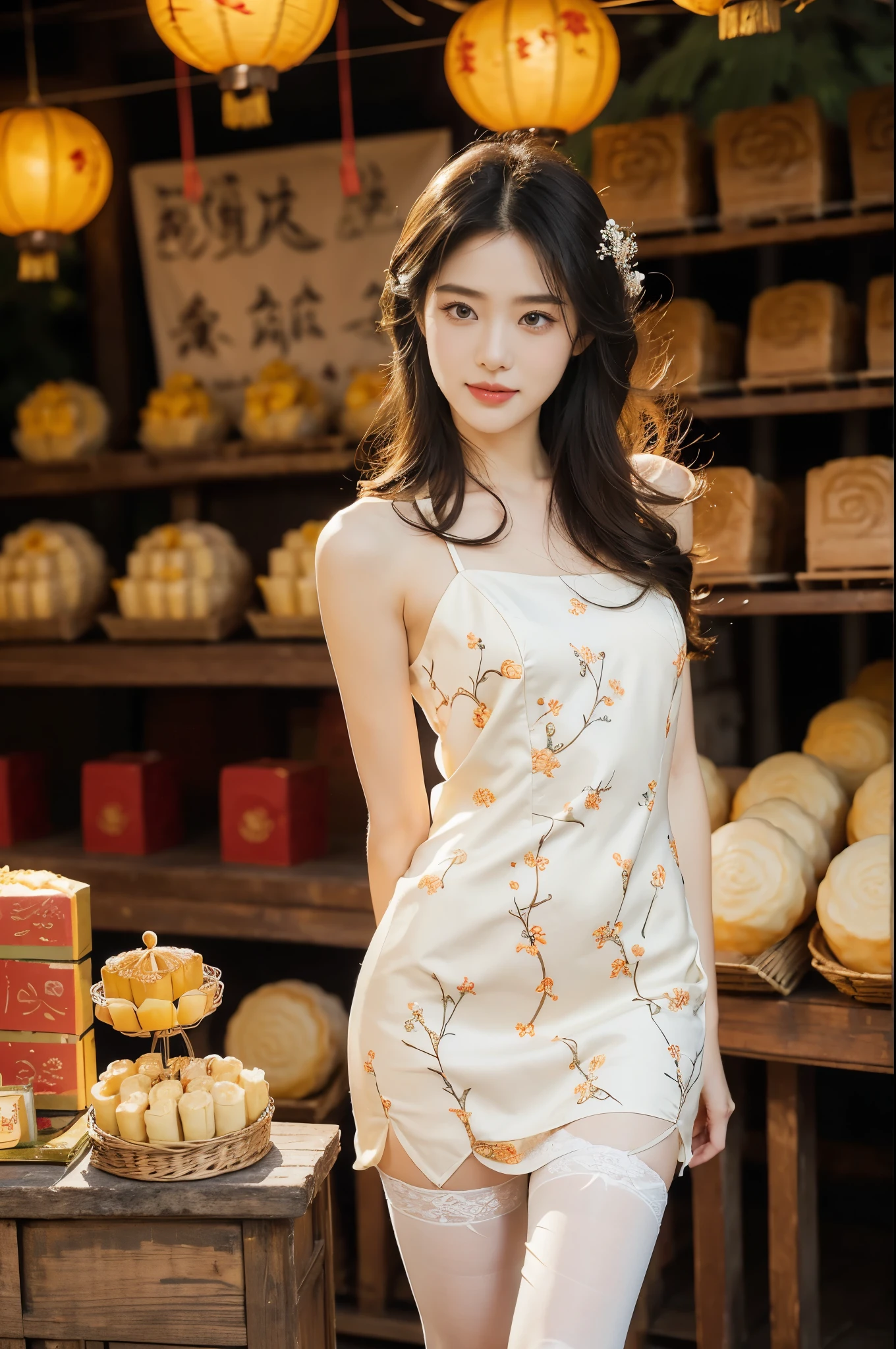 (((best quality))),(((ultra detailed))),(((masterpiece))),illustration,((1 beautiful girl,solo)),(shoulder-length straight bob:0.8),((slim,thin)),((small breasts,flat chest)),delicate face, twinkling eyes,(osmanthus flower dress:1.3),(slender legs:1.2),(stockings:1.3),(standing:1.3),(arms behind back:1.2),fair complexion,(bustling market:1.3),(stall full of mooncakes:1.3),curiosity,delight,promotional,haggling,intricate patterns,Mid-Autumn Festival atmosphere, flaky, smile, sweet, fragrant filling, delightful contrast, salty exterior, eyes widen, pleasure, exploring,excitement, box, joyful anticipation, festive spirit, vibrant atmosphere, enchanting appearance, lively scene, captivating, timeless image,(outdoor:1.2),(bright sunshine:1.3),(day scene:1.3),((from front,upper body)),(surrounded by crowded crowds:1.3)